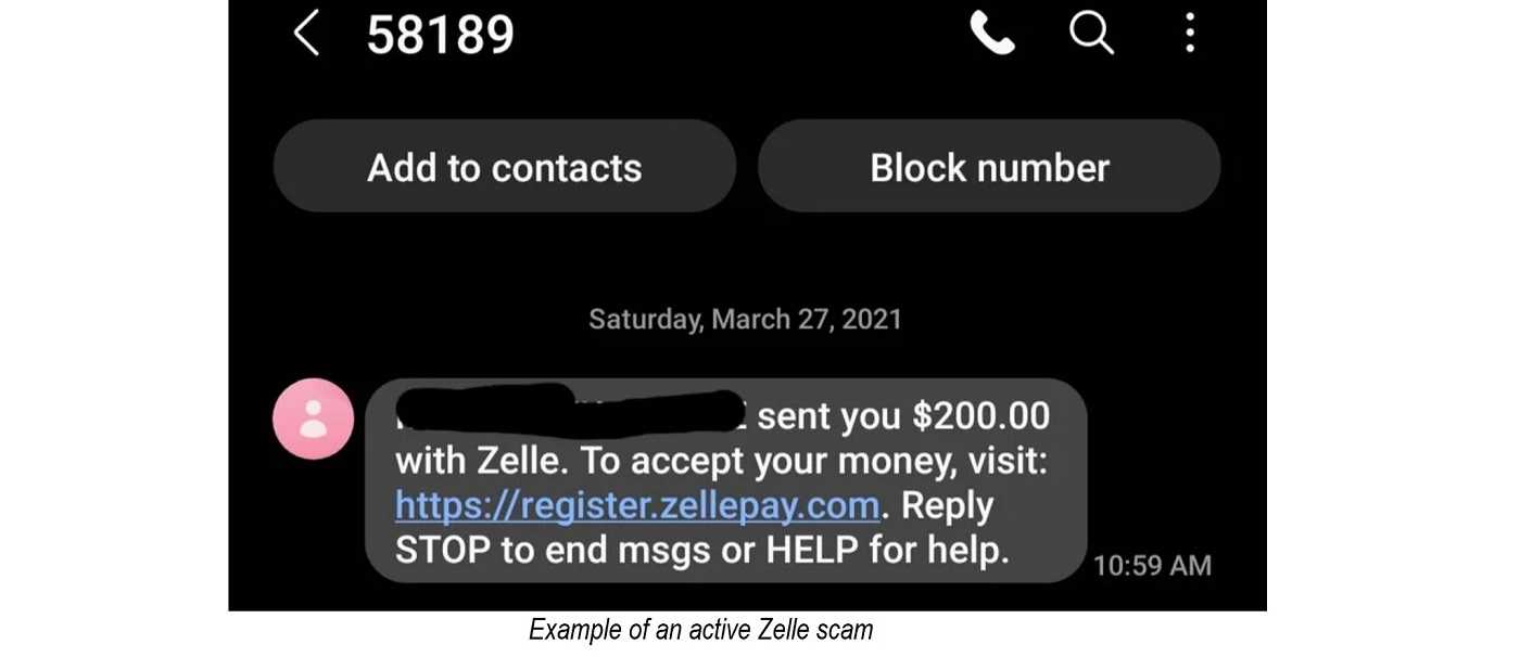 Text message of fraudulent Zelle payment