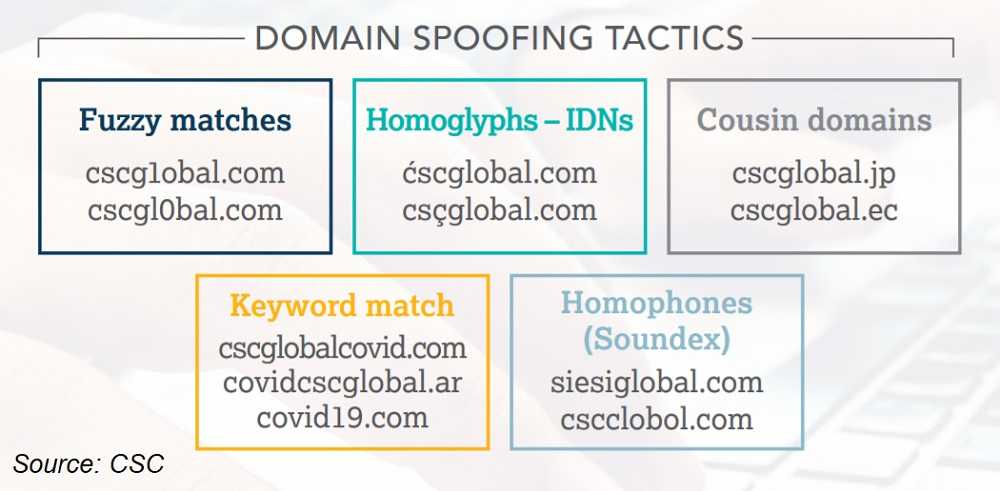 Domain spoofing tactics commonly in use, such as fuzzy matches, keyword match and "cousin domains".